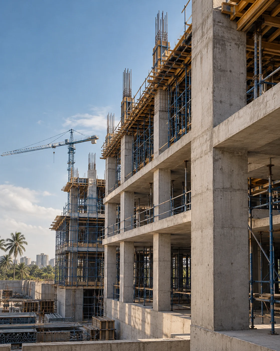 Illustrative concrete building under construction, with scaffolding and structural columns