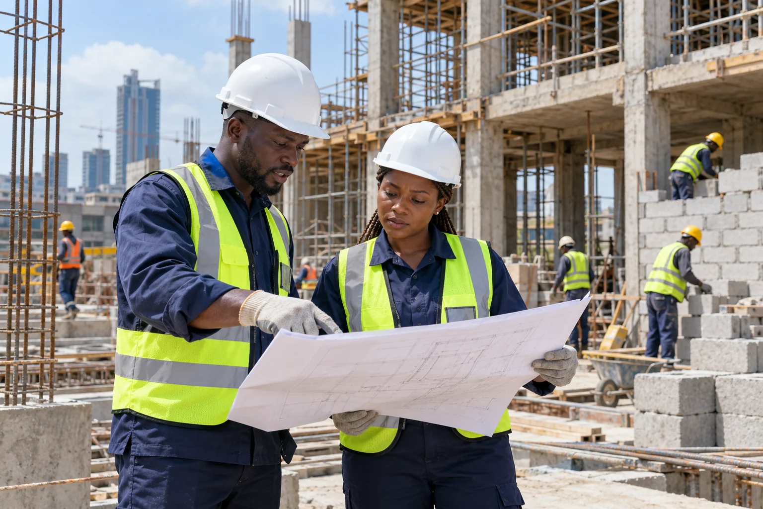Illustrative site professionals reviewing construction drawings at a building site