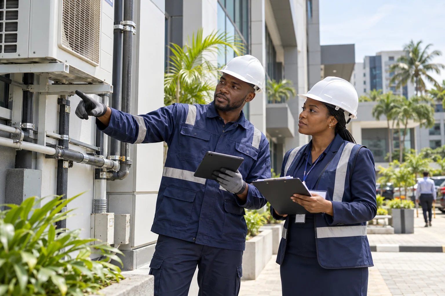 Illustrative facility team inspecting building services at a commercial property