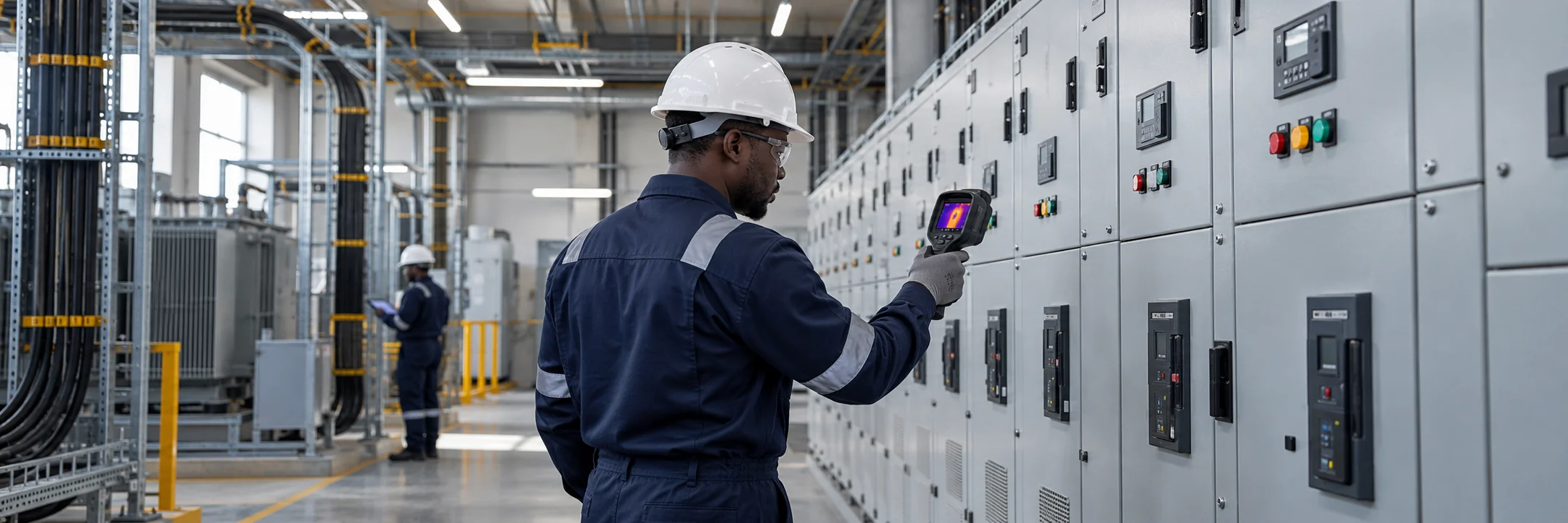 Illustrative engineer inspecting closed electrical distribution cabinets