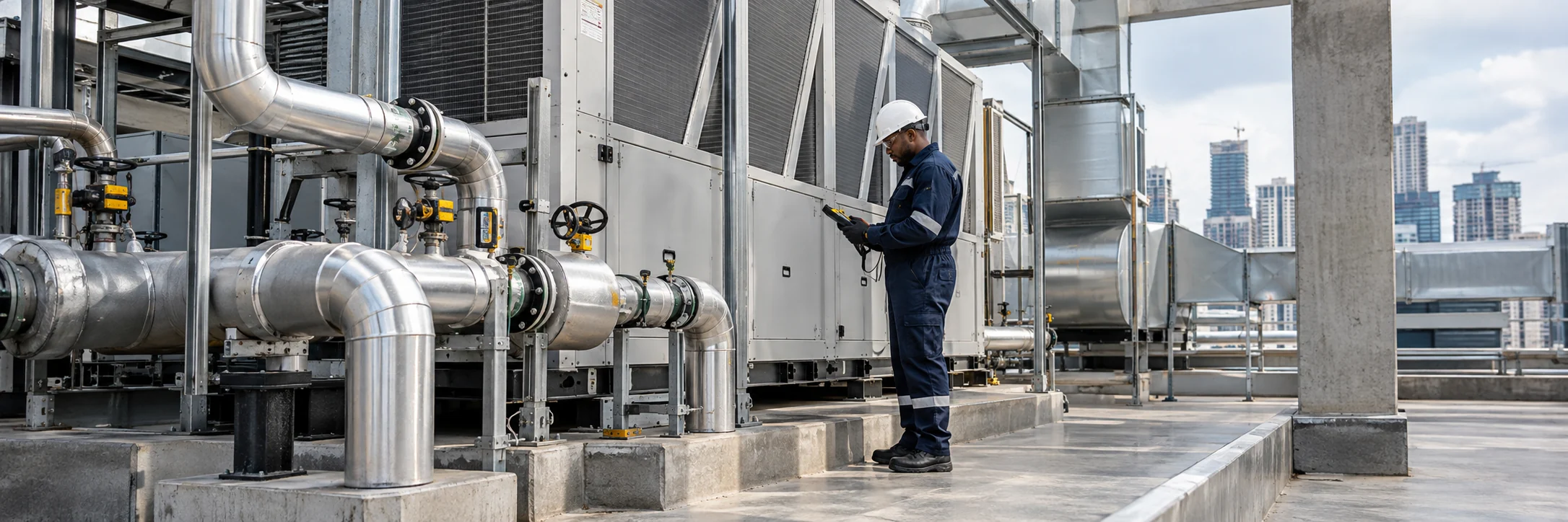 Illustrative mechanical technician inspecting a commercial HVAC system