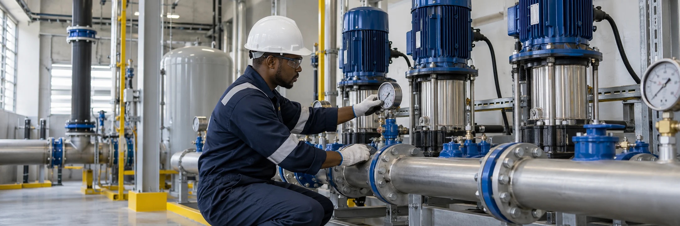 Illustrative plumbing technician inspecting a water booster pump system