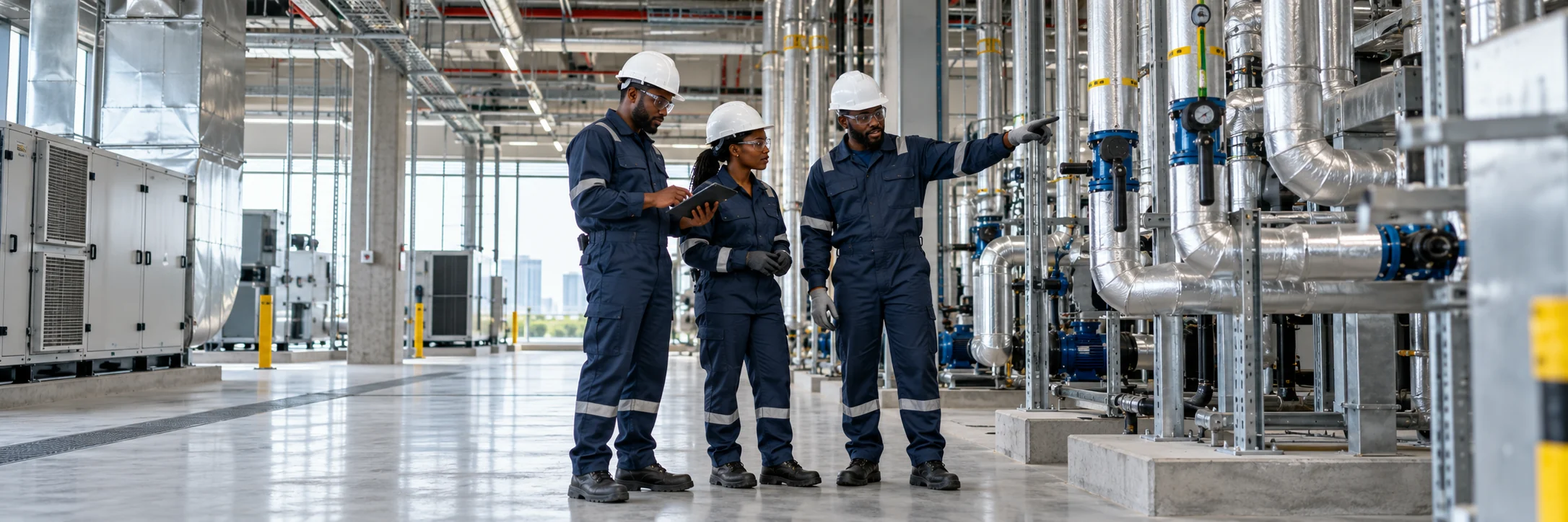 Illustrative technical team coordinating a commercial building services inspection